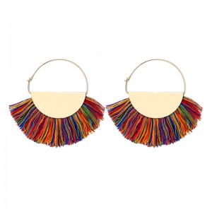 New Arrival Gold Plated Bohemian Handmade Fan Shape Thread Tassel Drop Hoop Earrings