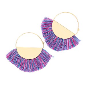 New Arrival Gold Plated Bohemian Handmade Fan Shape Thread Tassel Drop Hoop Earrings