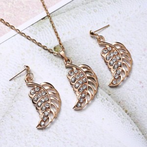 Crystal wedding gift Openwork leaf with diamond necklace and earring jewelry set for ladies